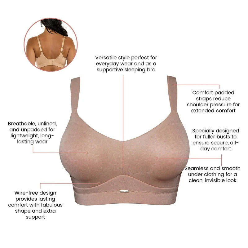 Beige bra with text highlighting features on a white background