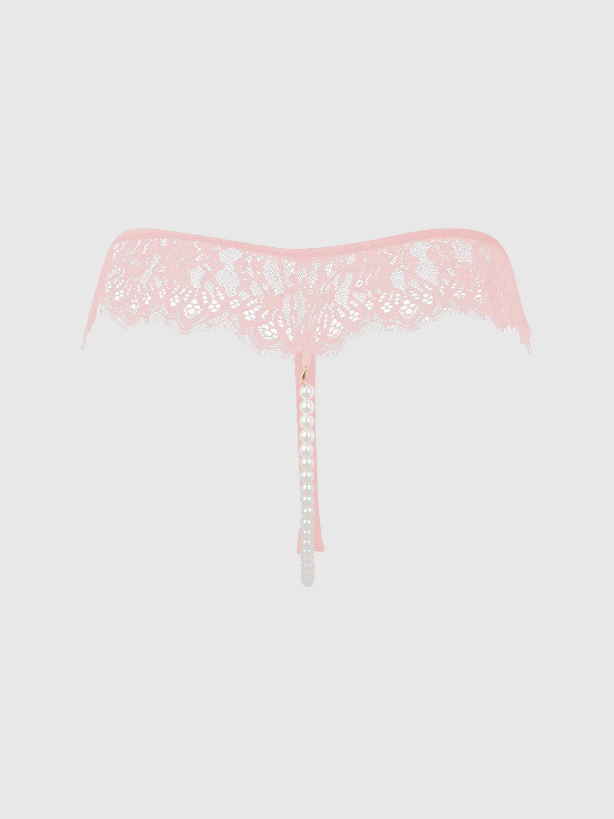 Pink lace thong on a light gray background