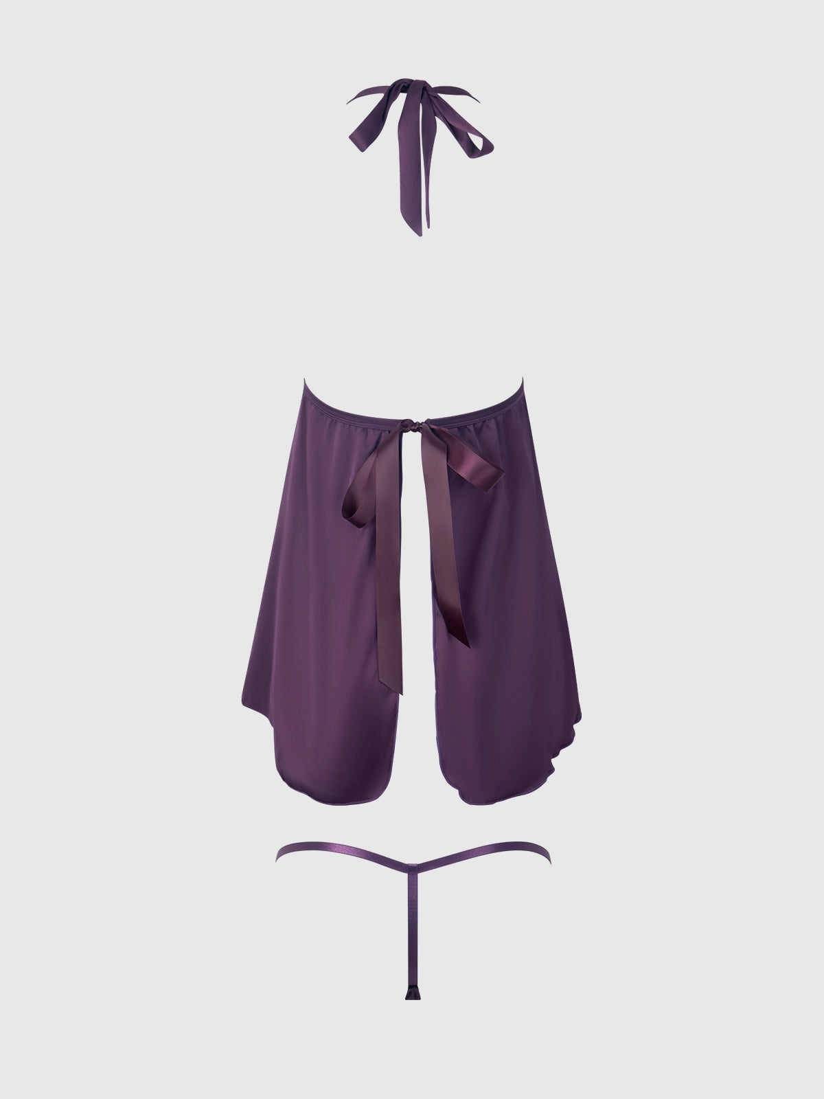 back product view of a Purple babydoll set with a top, bottom, and thong on a light gray background