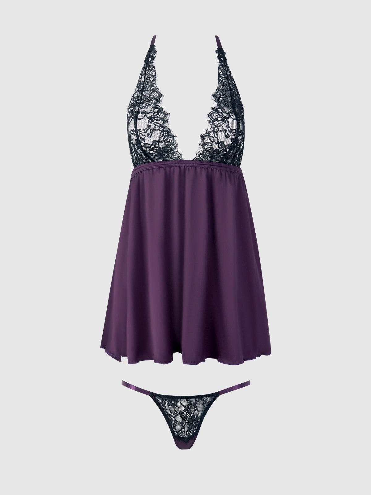 front product view of a Purple babydoll set with a top, bottom, and thong on a light gray background