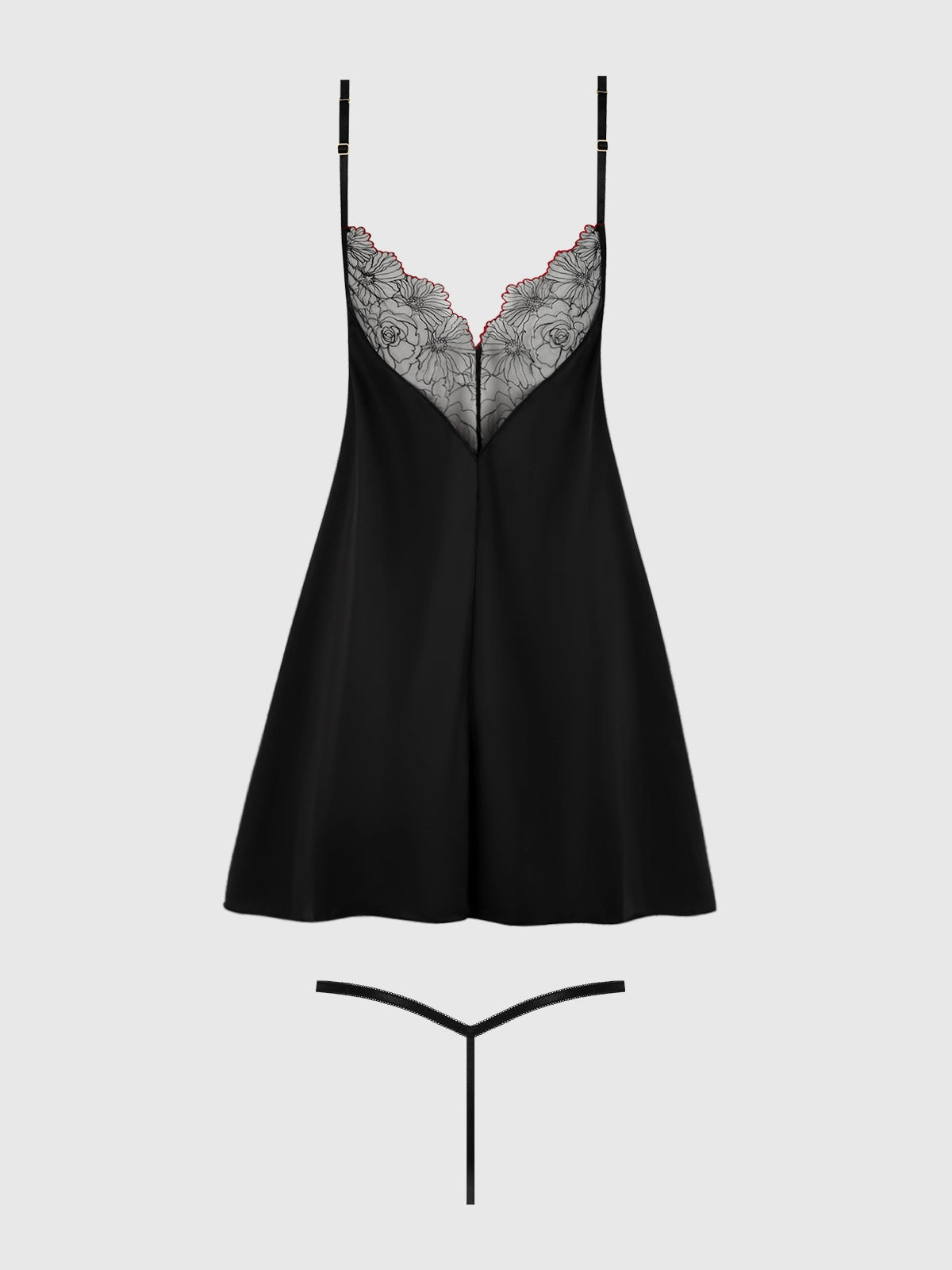 Back - Ilena Embroidered Tulle Wireless Babydoll & G-String Set with floral embroidery, soft tulle, satin accents, and a matching G-string.