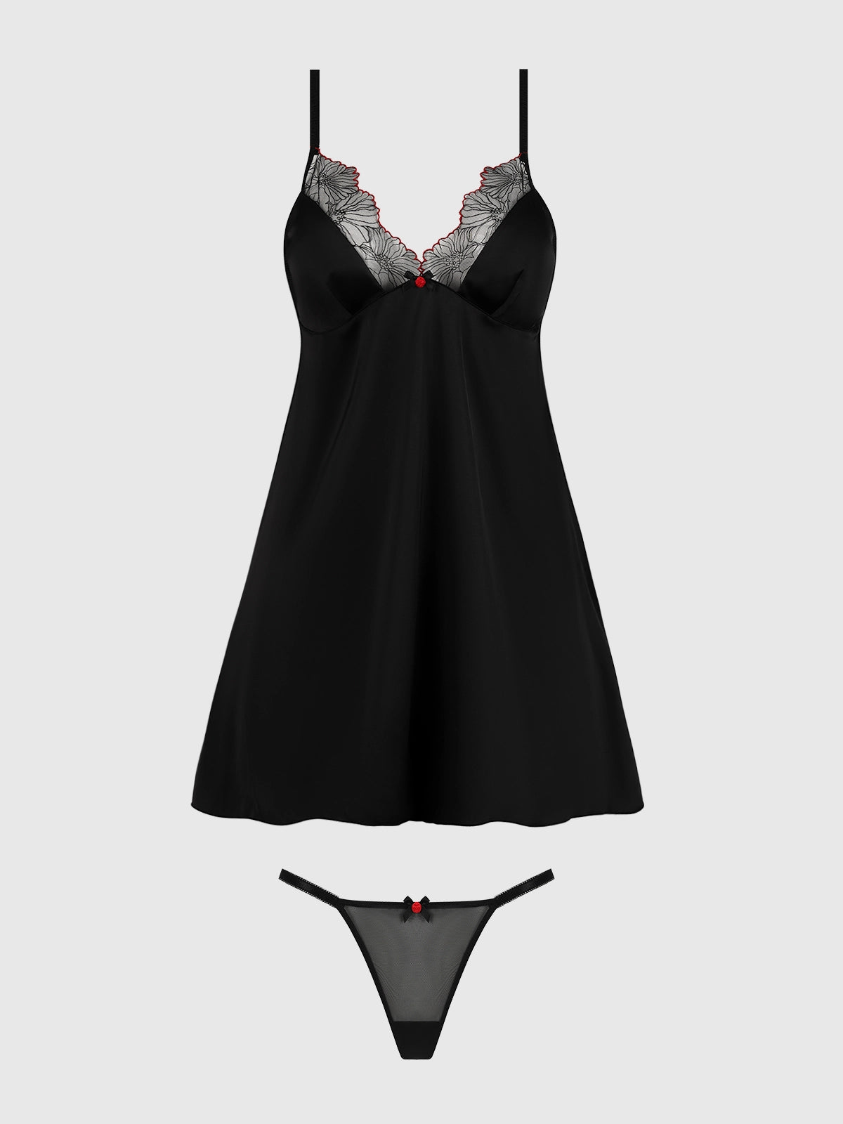Front-Ilena Embroidered Tulle Wireless Babydoll & G-String Set with floral embroidery, soft tulle, satin accents, and a matching G-string.