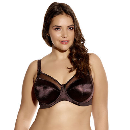 Woman wearing a dark brown Goddess Keira underwire banded bra in black with sheer top cup and three-section support design.
