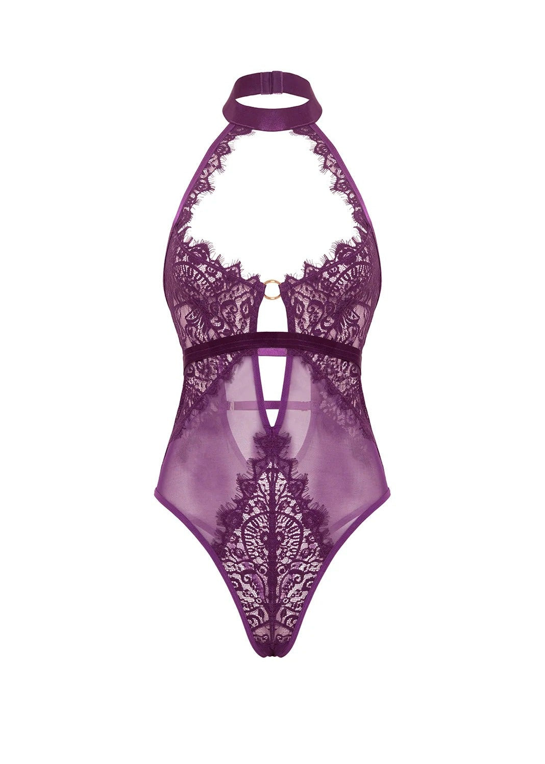 Purple lace bodysuit on a white background
