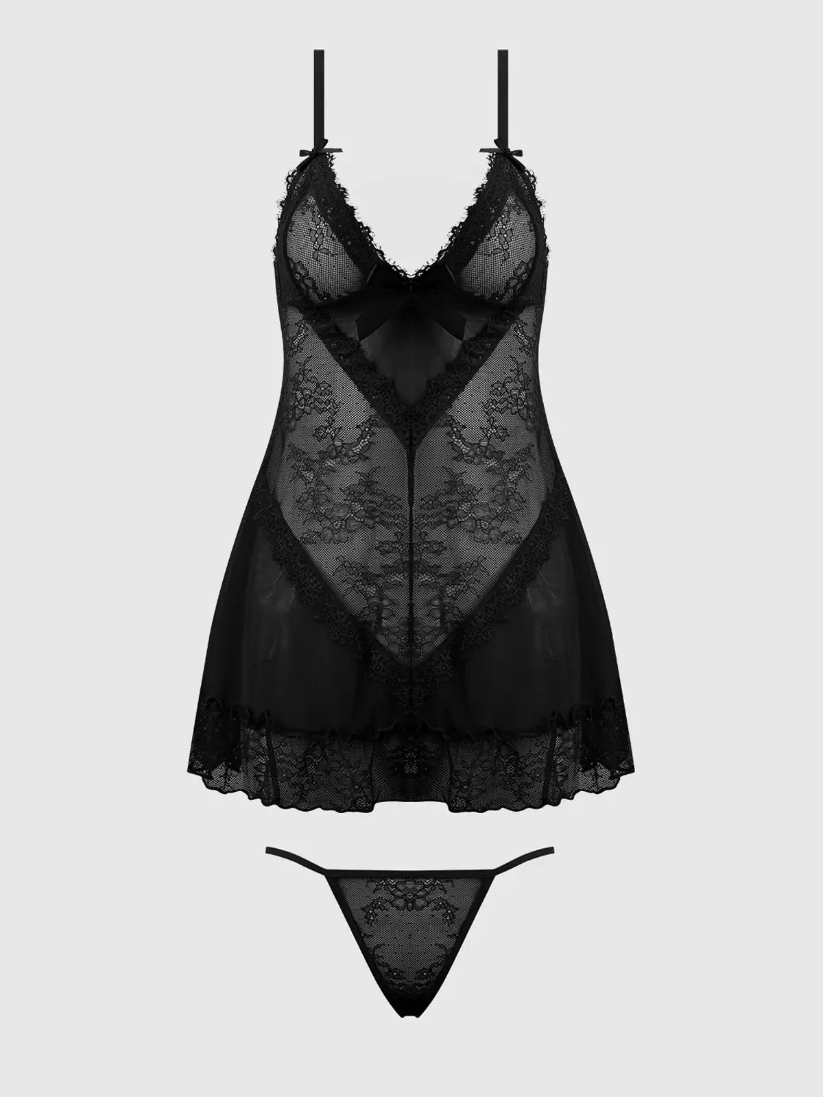 Black lace lingerie set on a white background