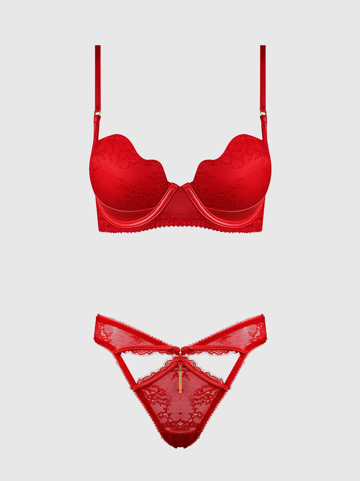 A two-piece red lingerie set featuring a sheer lace underwire bra and matching lace thong with a front keyhole detail and small gold-tone hardware, displayed on a light gray background.