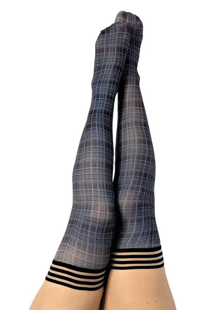 DEBBIE Navy Plaid Stockings from Kixies at Belle Lacet Lingerie.