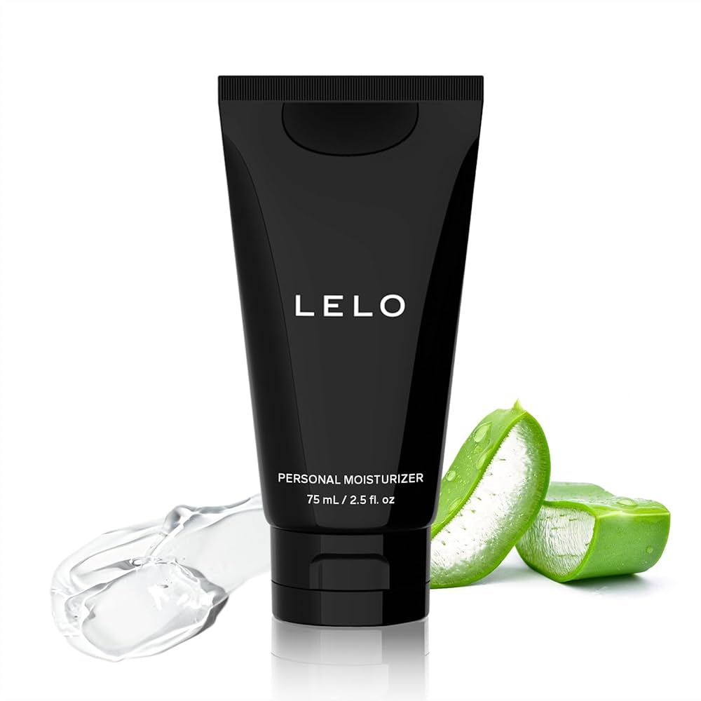 LELO personal moisturizer tube with aloe vera slices on a white background