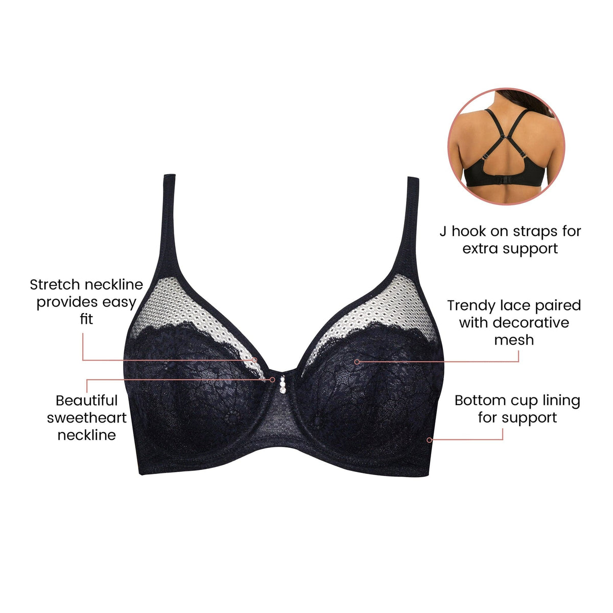 Black bra with lace detailing and support features labeled on a white background
