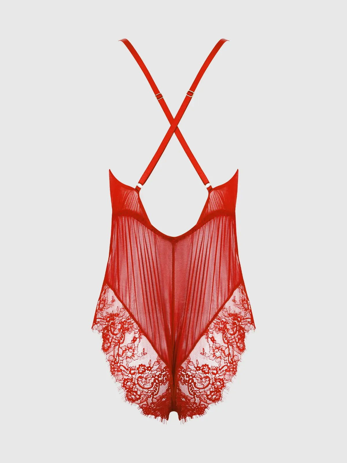 Red lace lingerie set on a light gray background