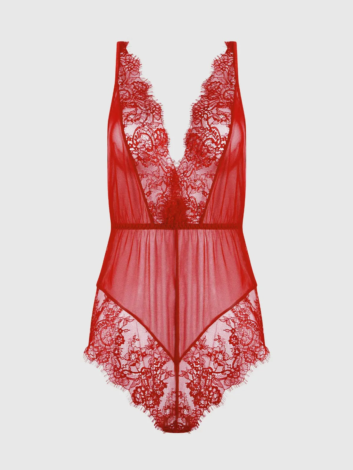Red lace lingerie set on a white background