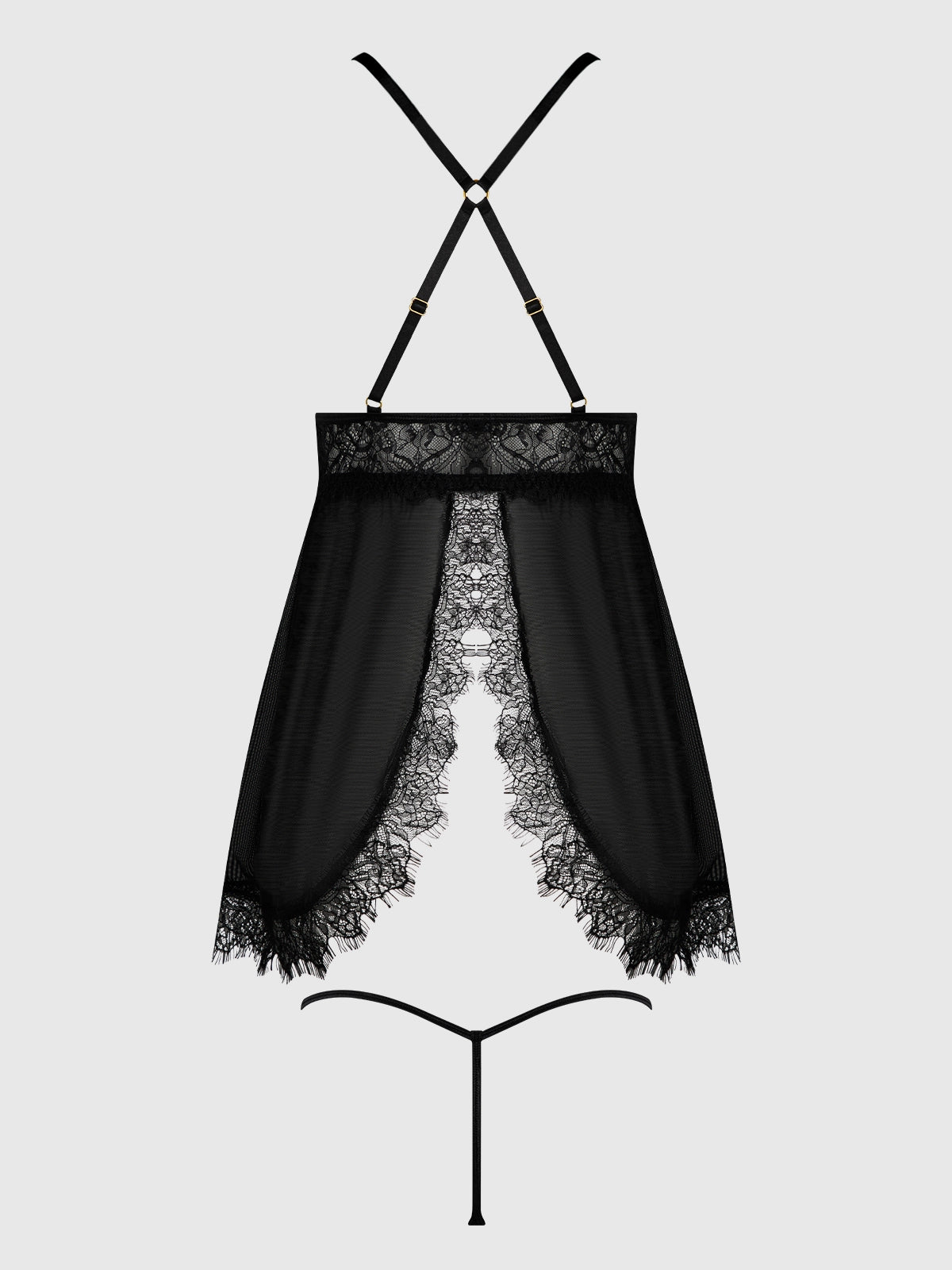 Black lace lingerie set on a light gray background