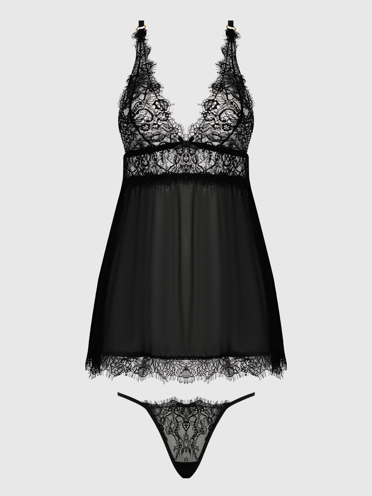 Black lace lingerie set on a white background