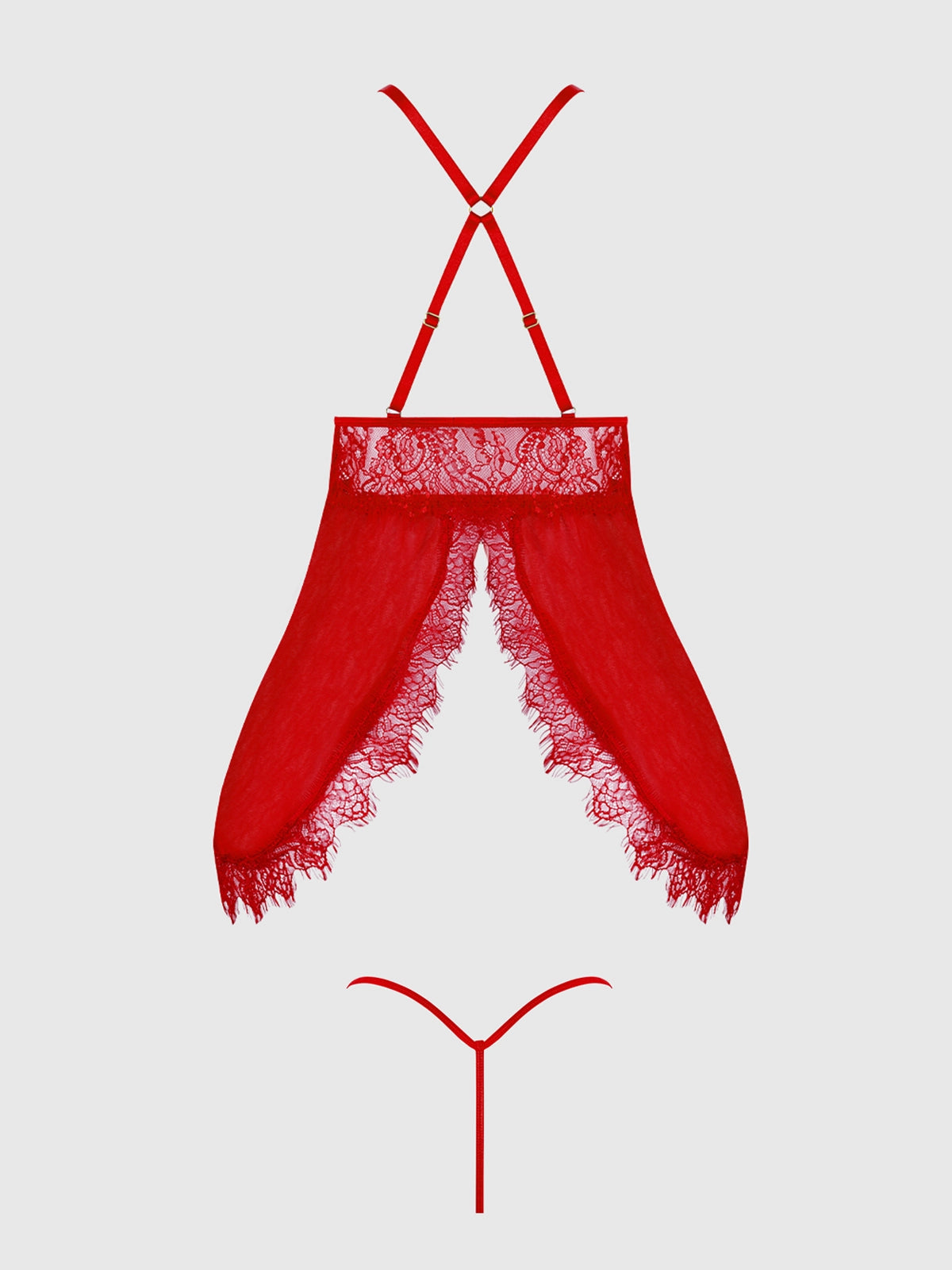 Red lace lingerie set on a light gray background