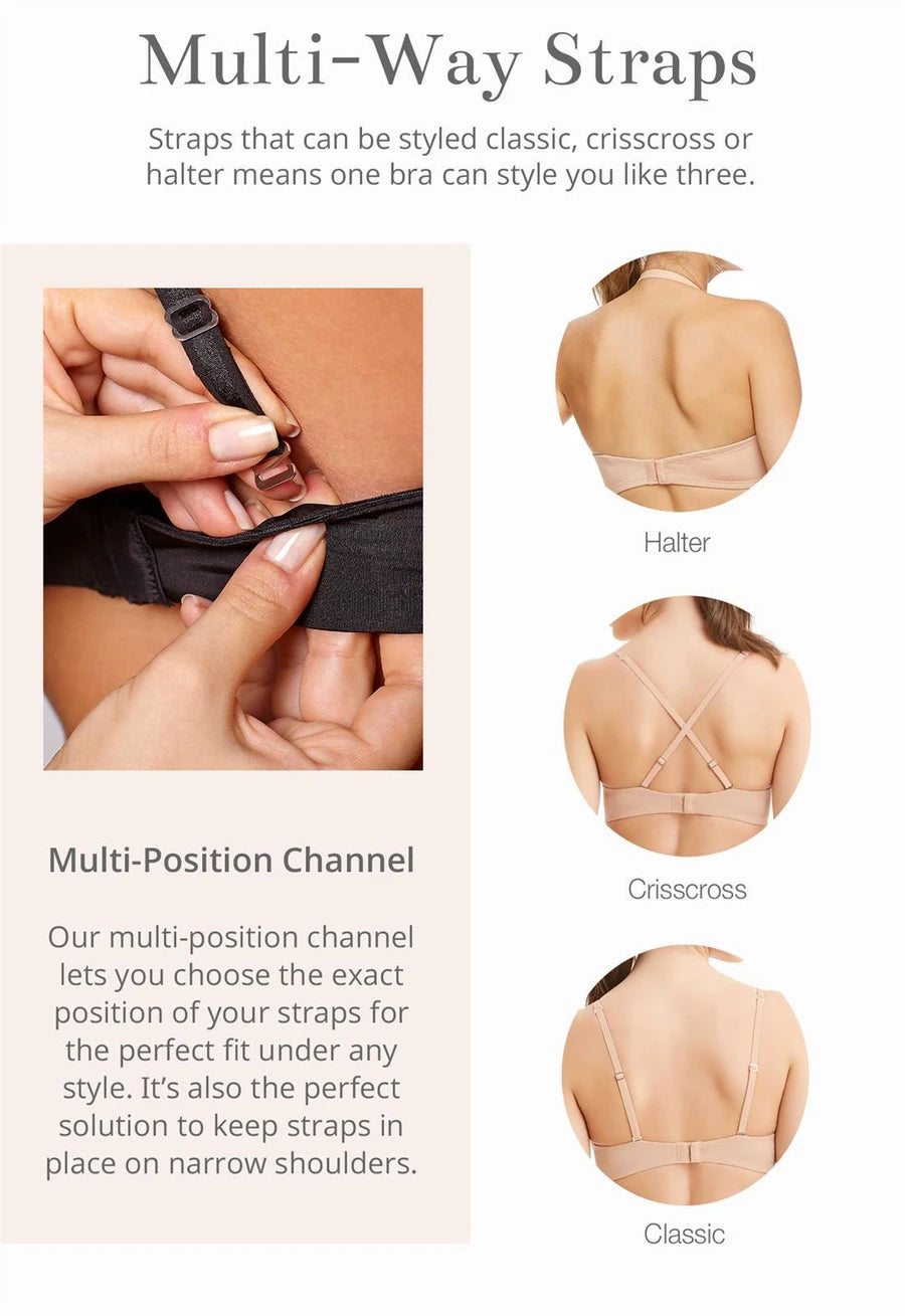 Multi-way straps feature with text explaining strap styling options on a white background.