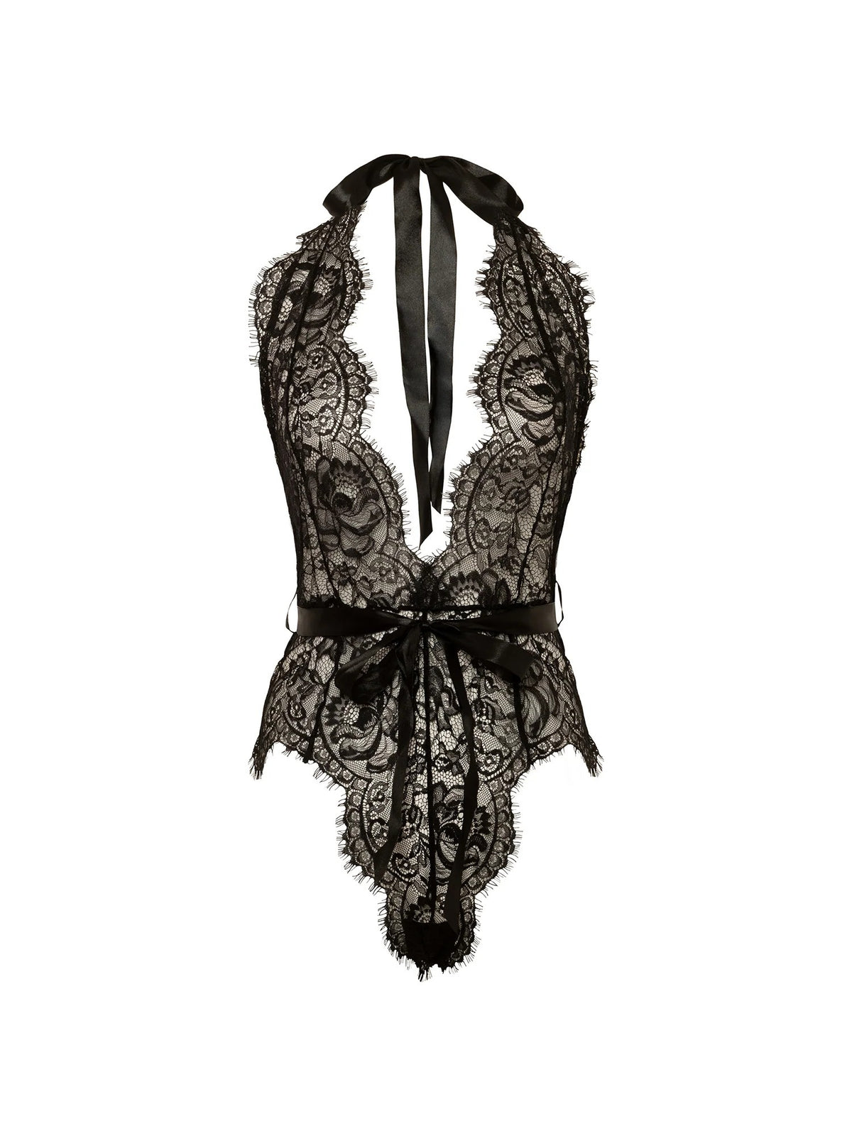 Black Naomi Eyelash Lace Halter Teddy highlighting the eyelash lace fabric and satin waist tie.