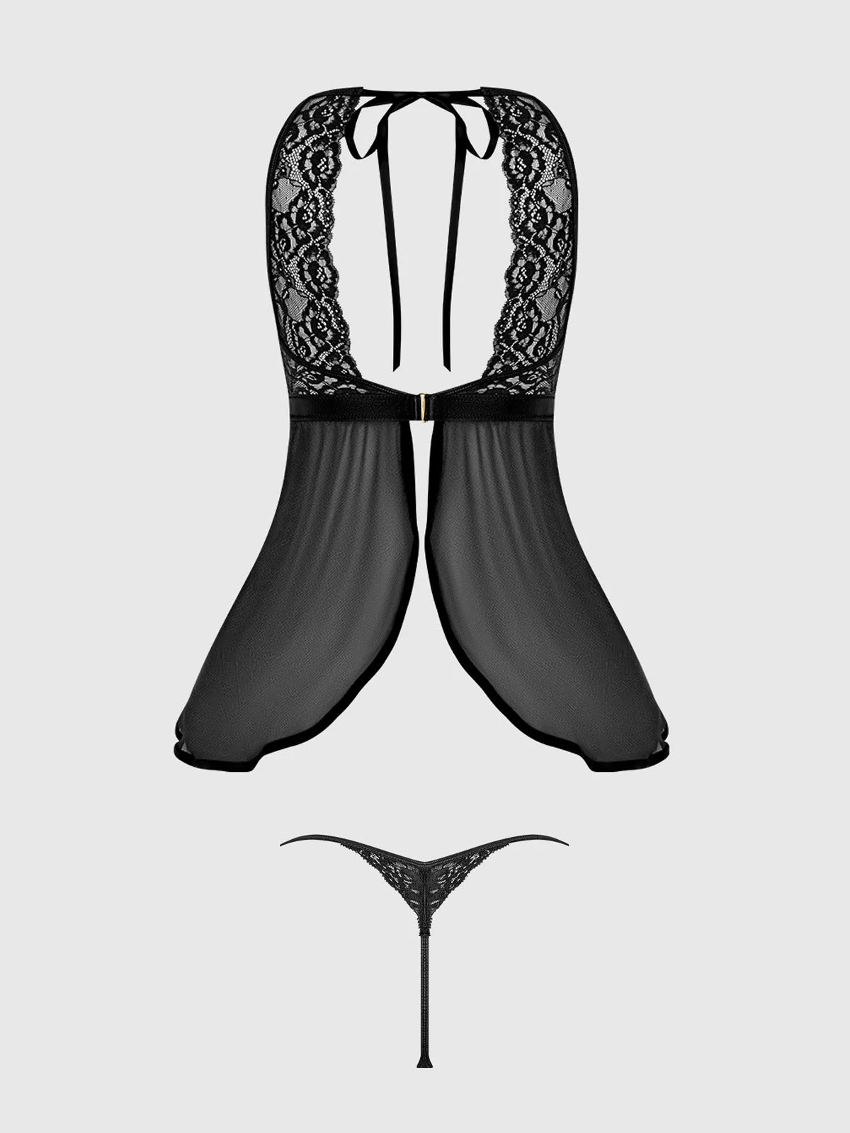 Black lace lingerie set on a light gray background