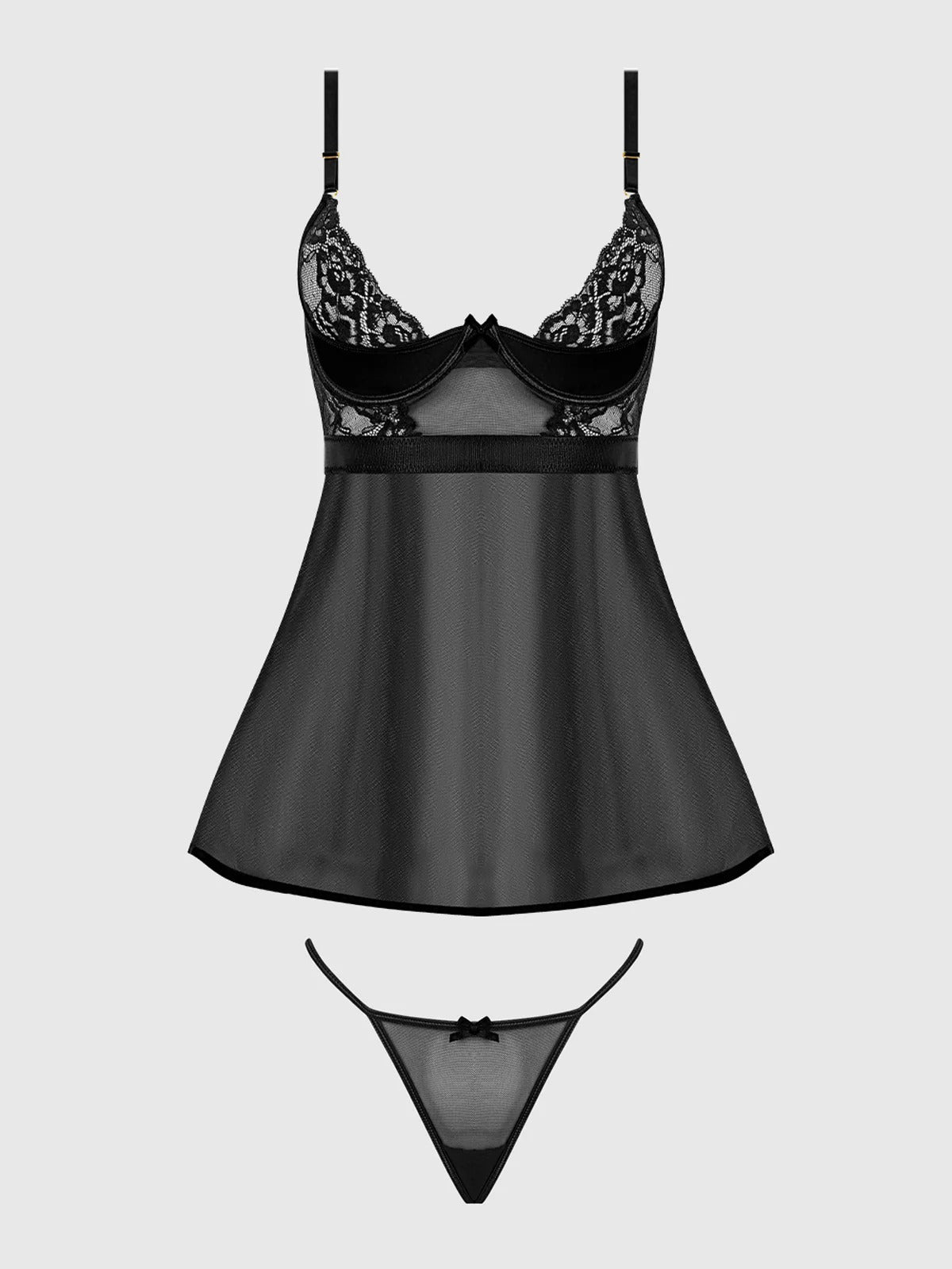 Black lace lingerie set on a light gray background