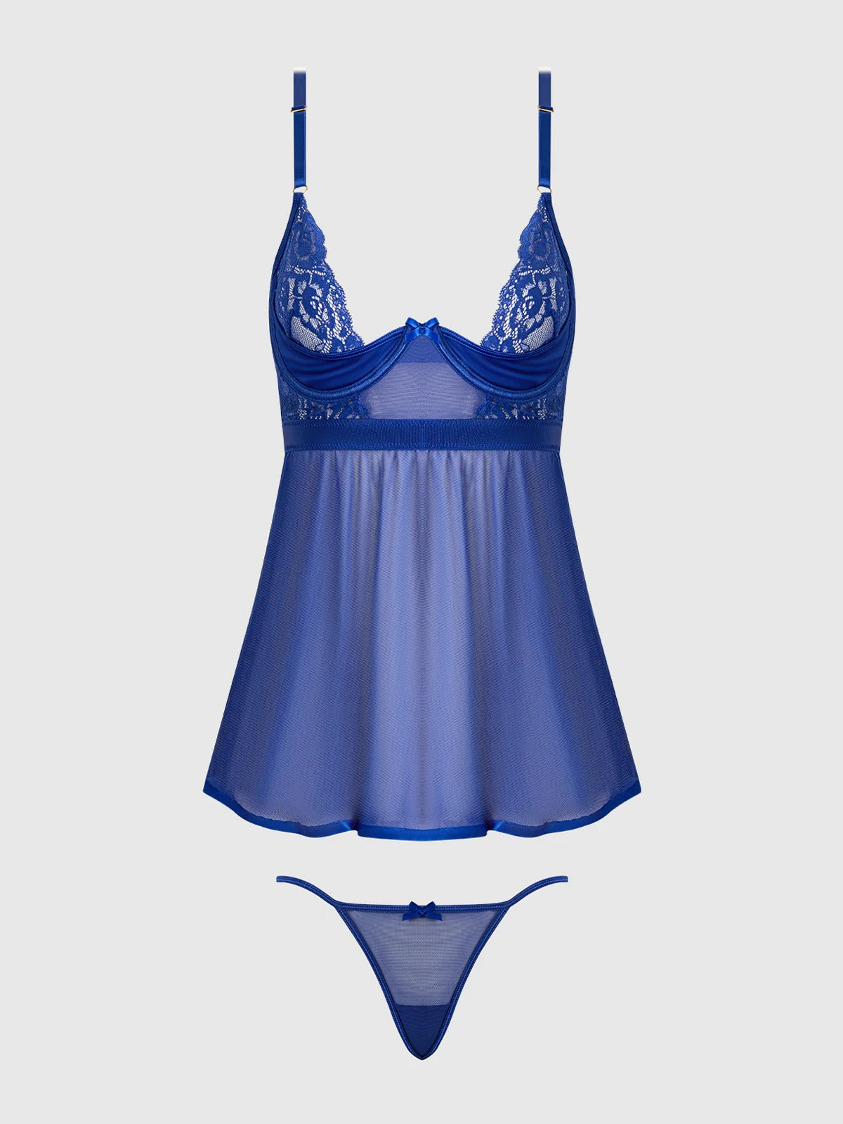 Blue lace lingerie set on a white background