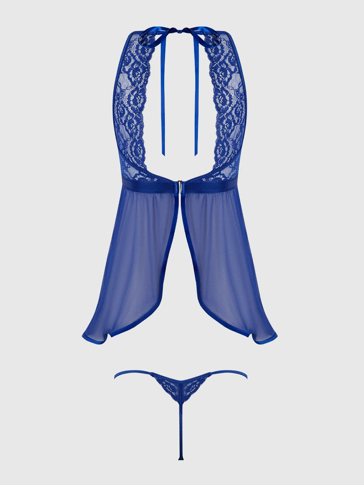 Blue lace lingerie set on a light gray background