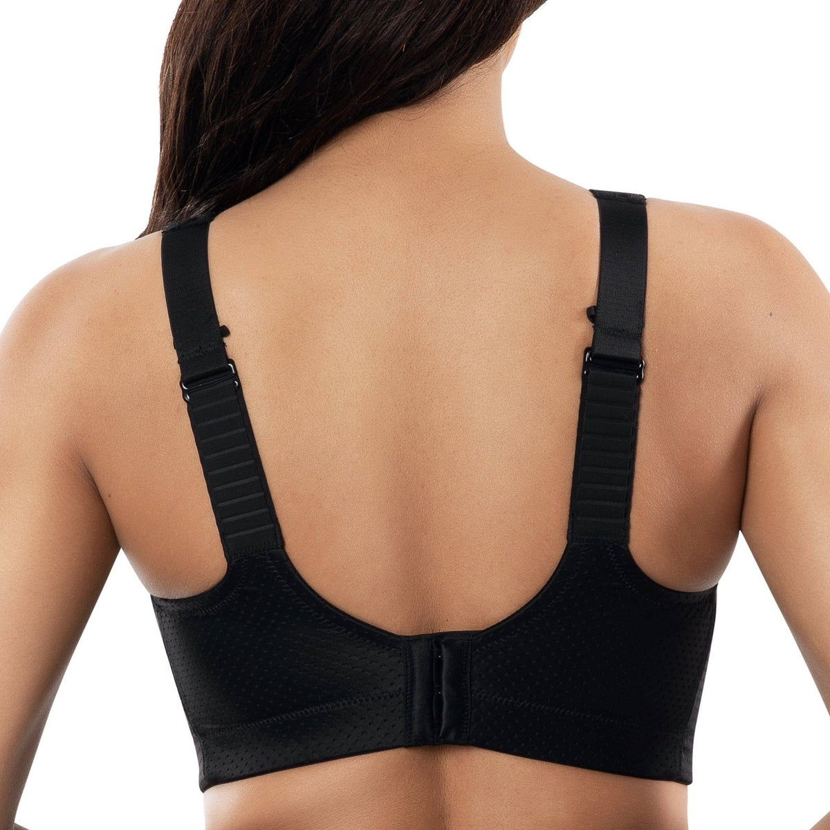 Black bra worn by a person on a white background
