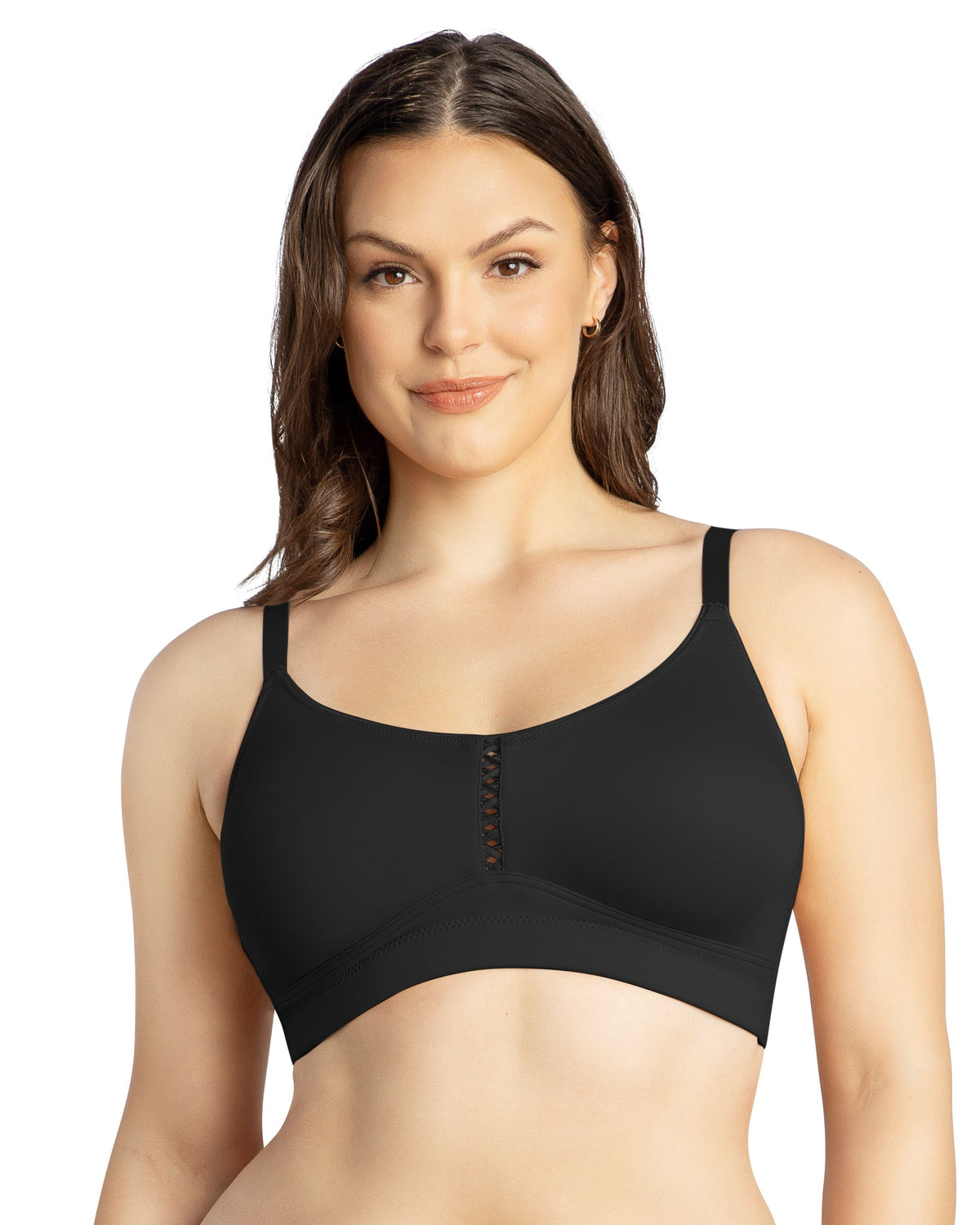 Woman wearing a black bra on a white background