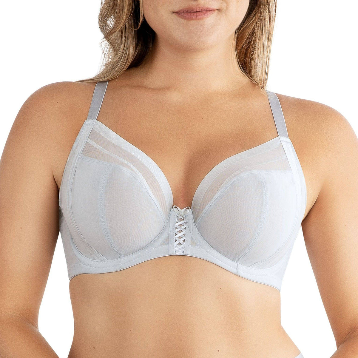 Light blue bra worn by a model on a white background