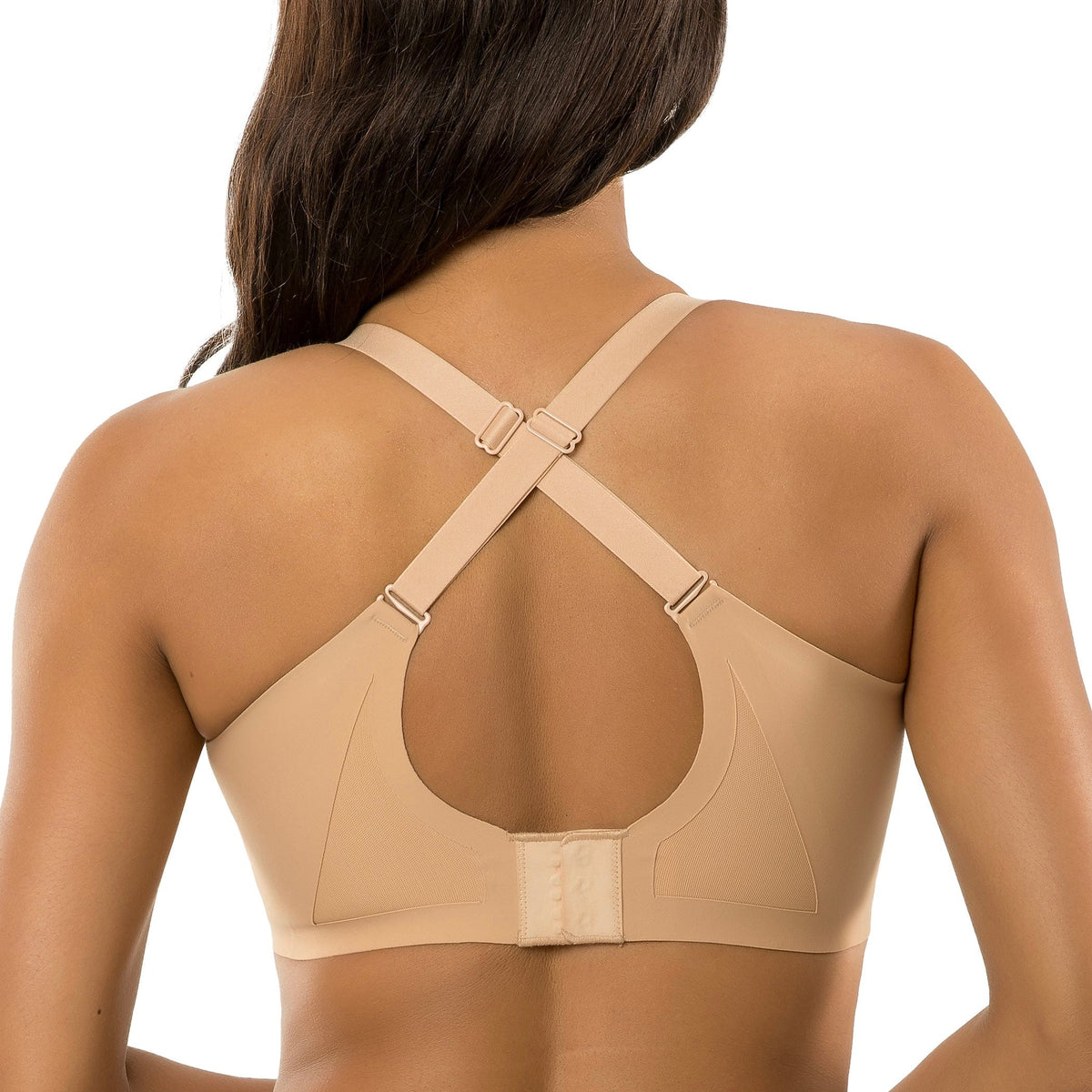 Racerback view of a Woman wearing a bleige Parfait Simplicity wire-free bra with bonded support and seamless design on a white background