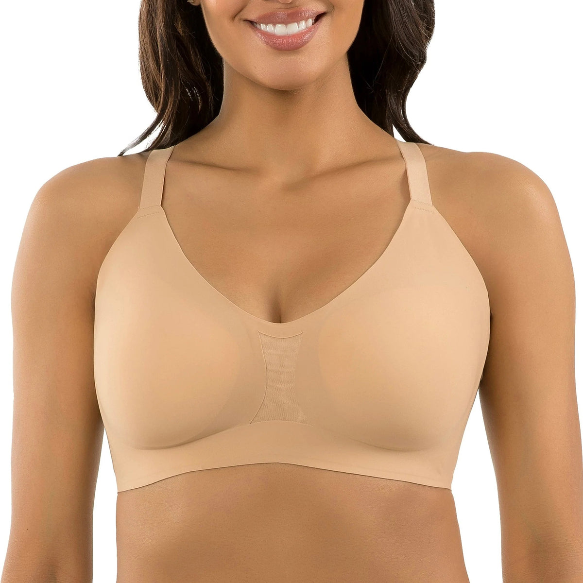 Woman wearing a bleige Parfait Simplicity wire-free bra with bonded support and seamless design on a white background