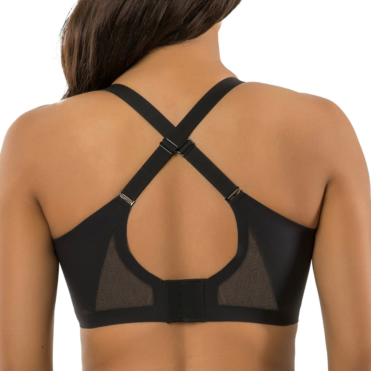 Back view of a Woman wearing a black Parfait Simplicity wire-free bra with bonded support and seamless design on a white background