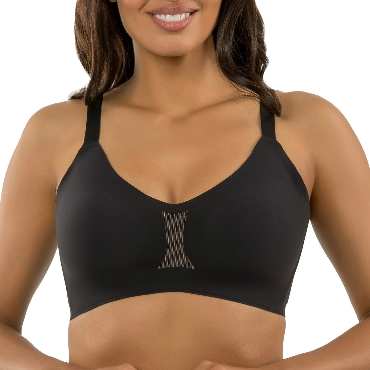 Woman wearing a black Parfait Simplicity wire-free bra with bonded support and seamless design on a white background