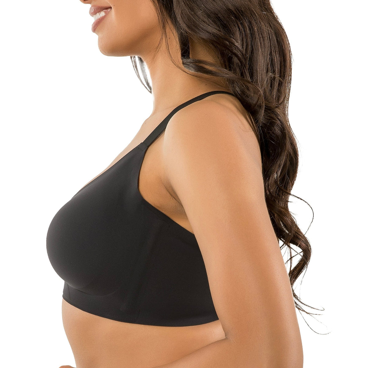 Side view of a Woman wearing a black Parfait Simplicity wire-free bra with bonded support and seamless design on a white background
