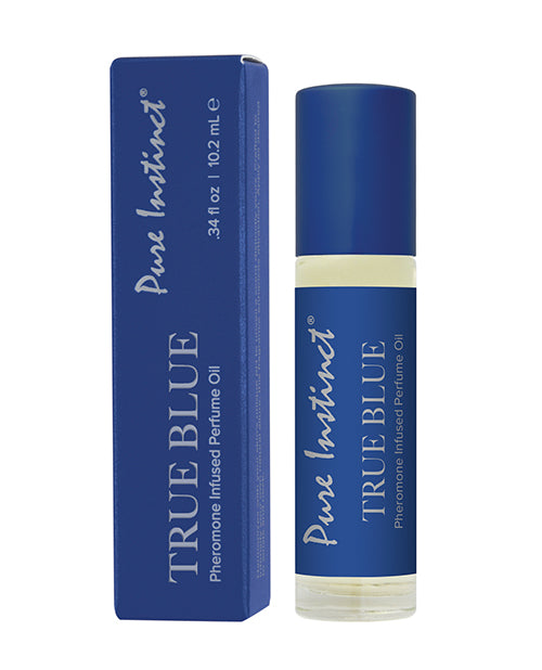 Blue bottle and packaging of Pure Instinct True Blue Pheromone Infused Perfume Oil on a white background
