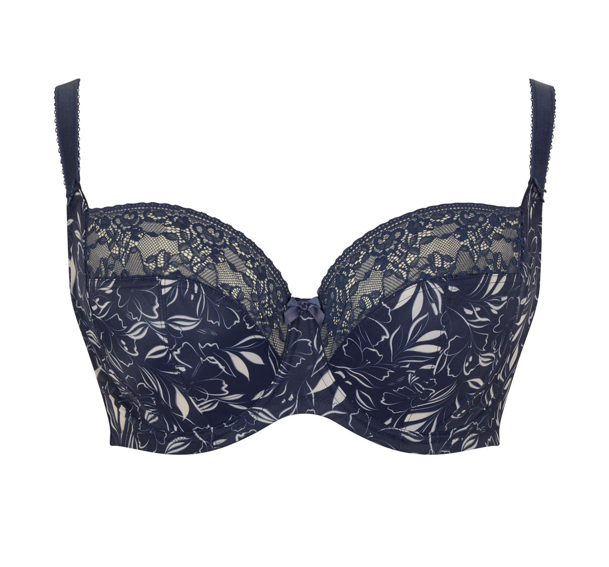 Navy floral lace bra on a white background