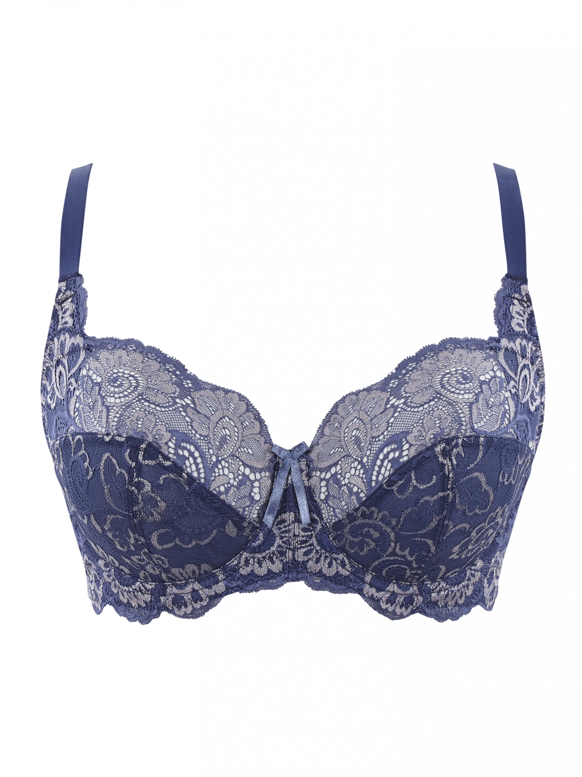 Blue lace bra on a white background