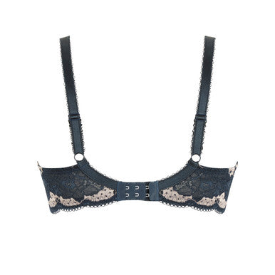Denim blue bra with lace details on a white background
