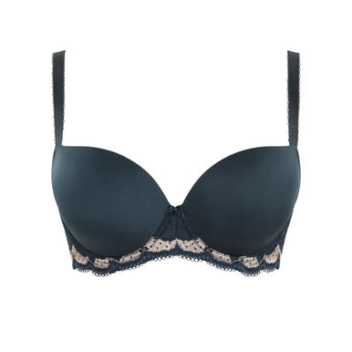 Navy blue bra with lace trim on a white background