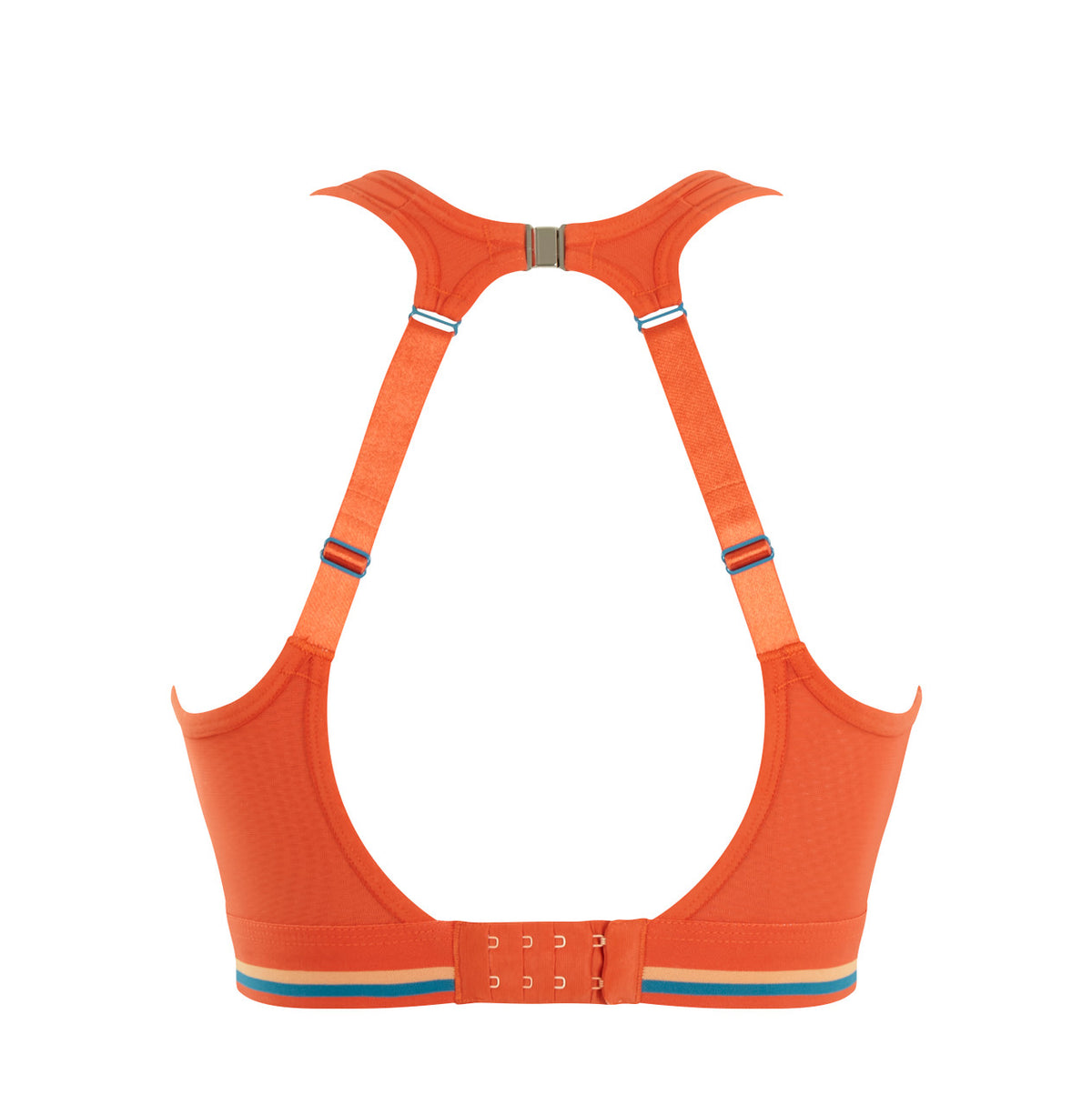 Orange bikini top with blue accents on a white background