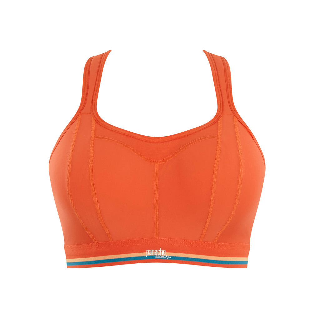 Orange sports bra with a brand logo on a white background