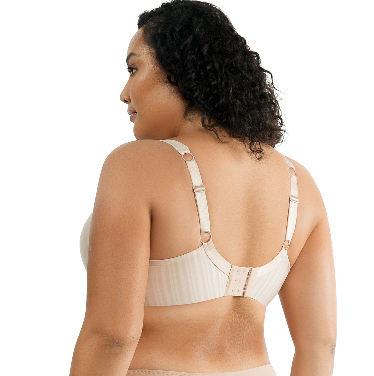 Back view of a Woman wearing the Parfait Aline molded seamless T-shirt bra with underwire and striped jacquard microfiber for smooth everyday support.