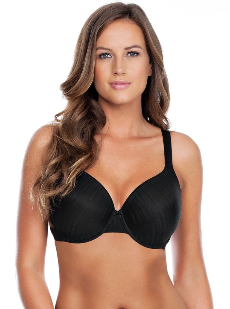 Woman wearing a black bra on a white background