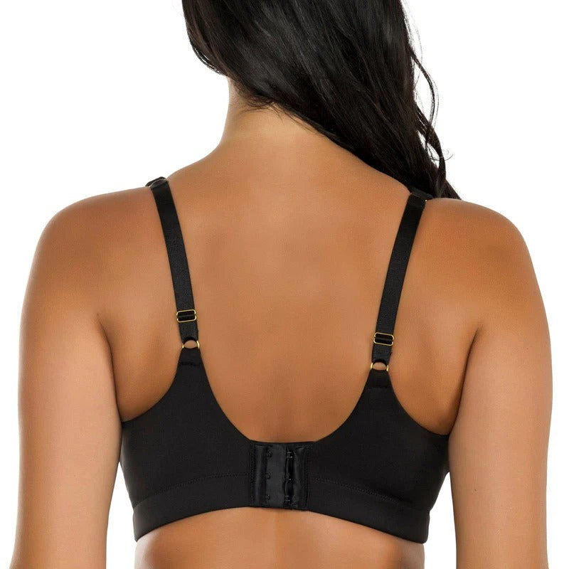 back view of a Woman wearing a black PARFAIT Holly wire-free full bust bra with seamless unlined cups and comfort-padded straps.