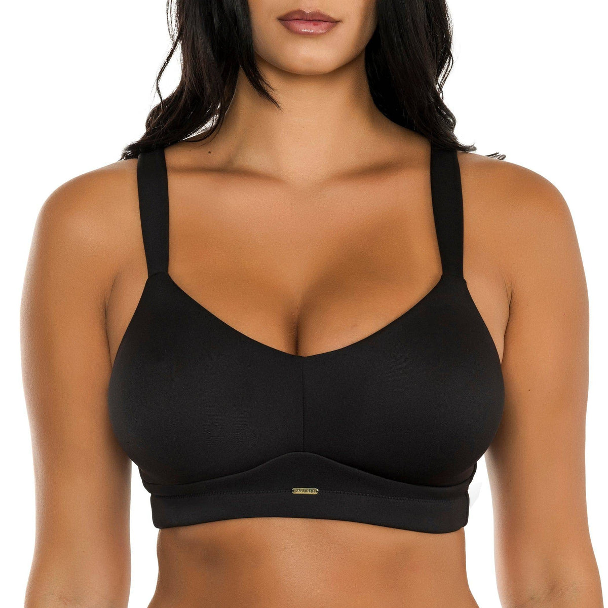 Woman wearing a black PARFAIT Holly wire-free full bust bra with seamless unlined cups and comfort-padded straps.