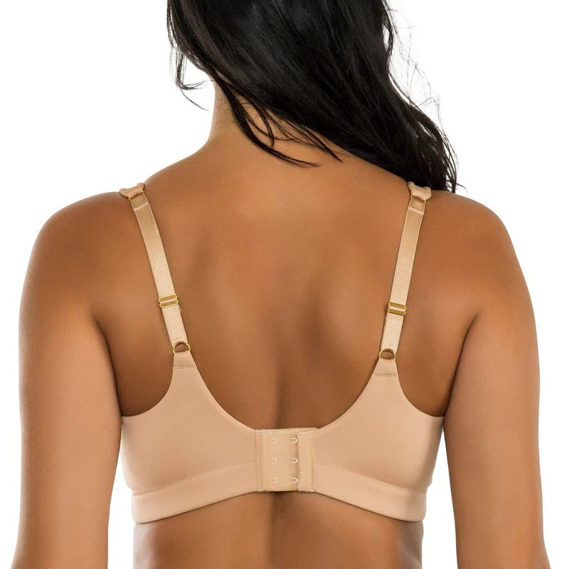 back view of a Woman wearing a beige PARFAIT Holly wire-free full bust bra with seamless unlined cups and comfort-padded straps.