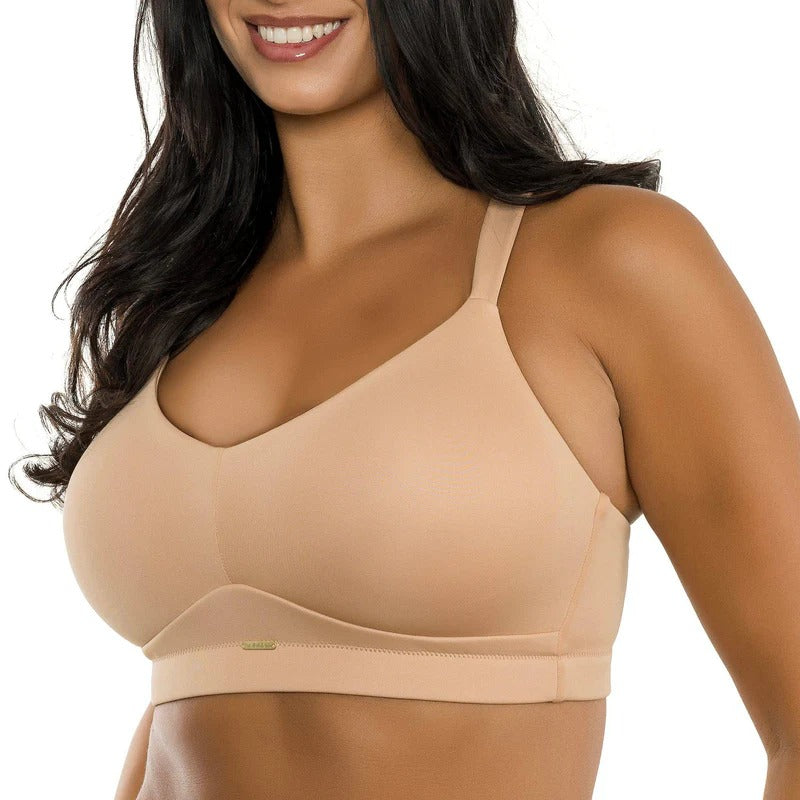 Woman wearing a Beige PARFAIT Holly wire-free full bust bra with seamless unlined cups and comfort-padded straps.