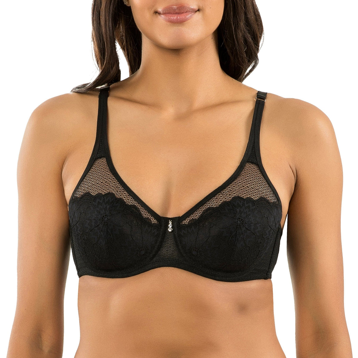 Black bra with lace details worn by a model on a white background