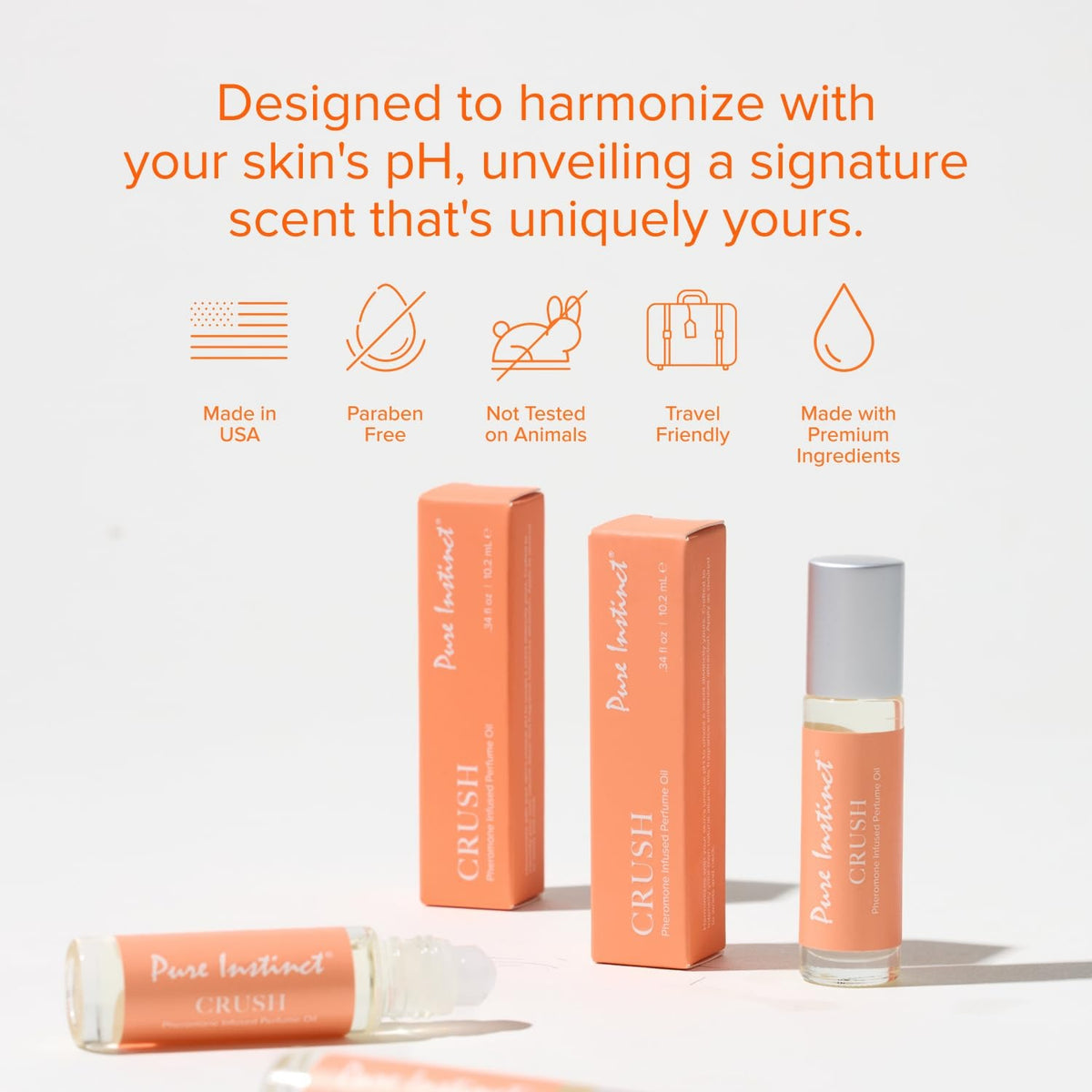 Cosmetic products with branding and product features on a light background