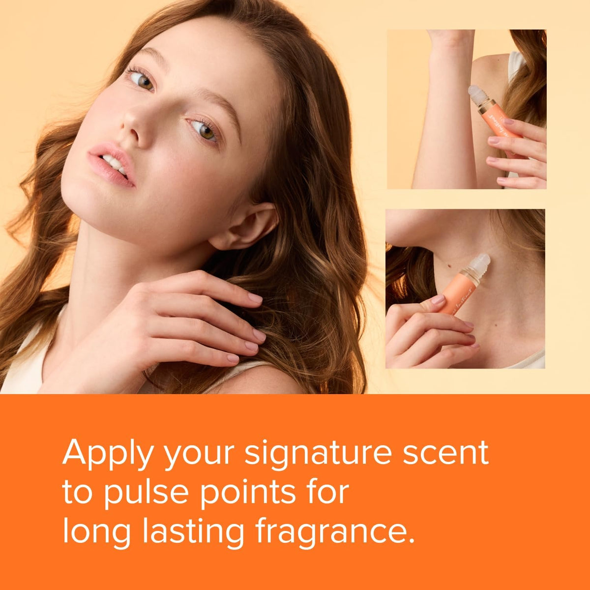 Woman applying fragrance with text about signature scent and pulse points.