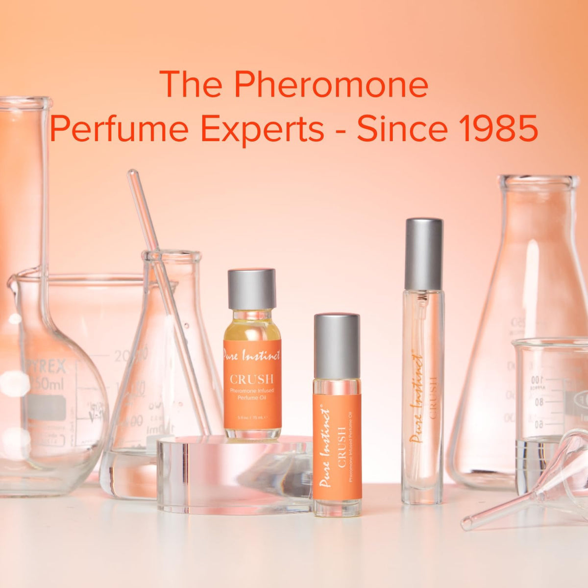 Pheromone perfume products with 'The Pheromone Perfume Experts' text on a peach background