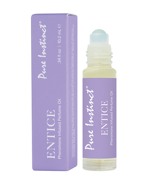 Roll-on bottle and packaging of 'Pure Instinct Entice' pheromone-infused perfume oil on a white background.
